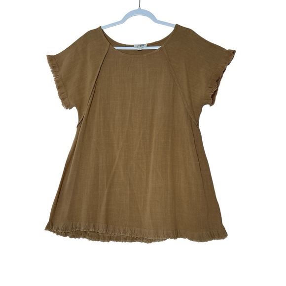Umgee Top Women's Small Camel Linen Blend Short Sleeve Oversized Classic Beach - Picture 2 of 10